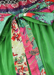 Modern green print tunics for women v neck patchwork tulle summer Dress - SooLinen