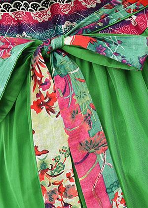 Modern green print tunics for women v neck patchwork tulle summer Dress - SooLinen