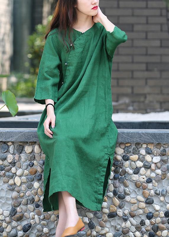 Modern green quilting clothes o neck side open Maxi Dresses - SooLinen