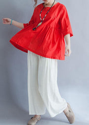 Modern half sleeve cotton shirts women red tunic blouses summer - SooLinen