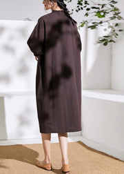 Modern half sleeve linen ruffles stand colalr dress Cotton brown Dress - SooLinen