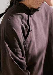 Modern half sleeve linen ruffles stand colalr dress Cotton brown Dress - SooLinen