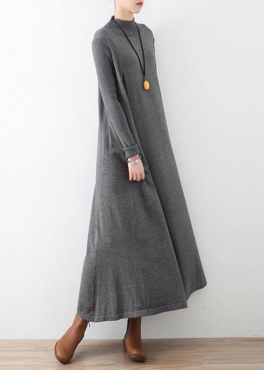 Modern high neck Batwing Sleeve falltunic dressWork gray robes Dress - SooLinen