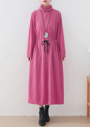 Modern high neck drawstring dresses Tutorials pink loose Dresses - SooLinen