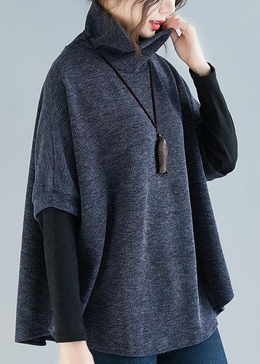 Modern high neck patchwork cotton clothes For Women Korea blue baggy top spring