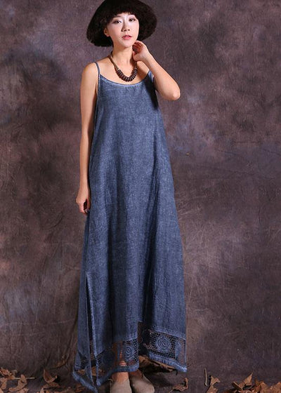 Modern hollow out hem linen clothes For Women Fashion Ideas blue side open Dress summer - SooLinen