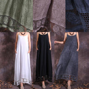 Modern hollow out hem linen clothes For Women Fashion Ideas blue side open Dress summer - SooLinen