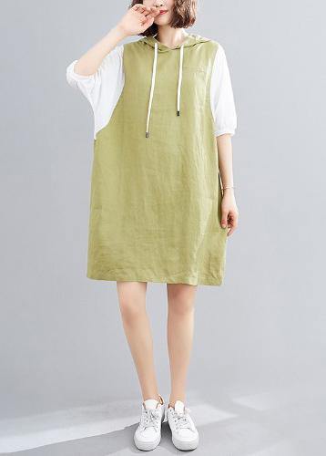 Modern hooded Batwing Sleeve linen cotton dress Sleeve green Dresses - SooLinen