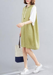 Modern hooded Batwing Sleeve linen cotton dress Sleeve green Dresses - SooLinen