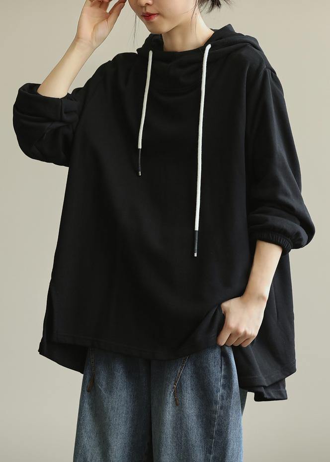 Modern hooded drawstring tunic top Cotton black shirt - SooLinen