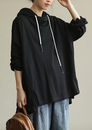 Modern hooded drawstring tunic top Cotton black shirt - SooLinen