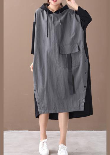Modern hooded patchwork spring dress Work gray Maxi Dresses - SooLinen