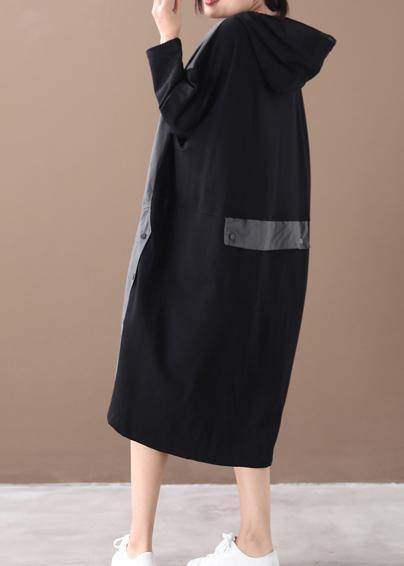 Modern hooded patchwork spring dress Work gray Maxi Dresses - SooLinen