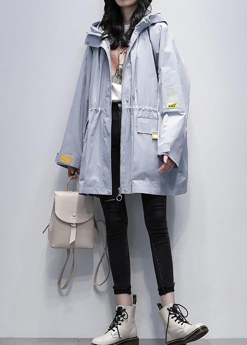 Modern hooded Cinched Plus Size trench coat gray blue coats - SooLinen