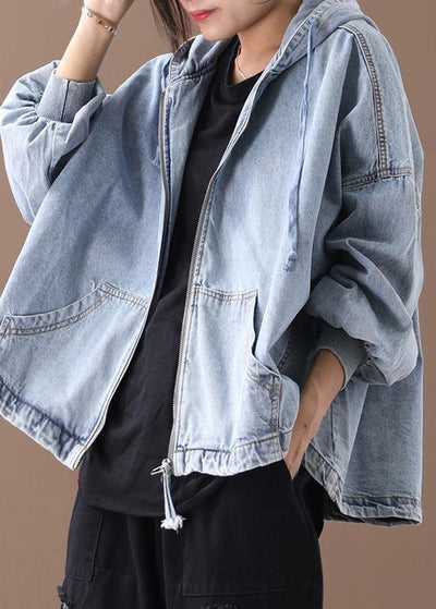 Modern hooded zippered for women light blue loose coats - SooLinen