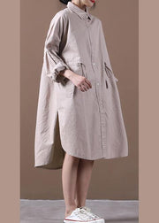 Modern khaki Robes lapel drawstring spring Dresses - SooLinen