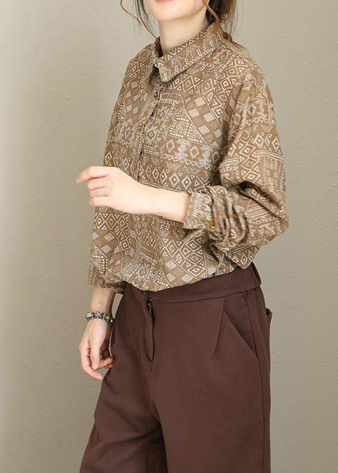 Modern khaki prints cotton linen crane tops Tutorials lapel collar long sleeve tops - SooLinen
