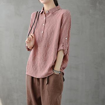 Modern lapel Button Down tops women Fabrics pink striped shirt - SooLinen