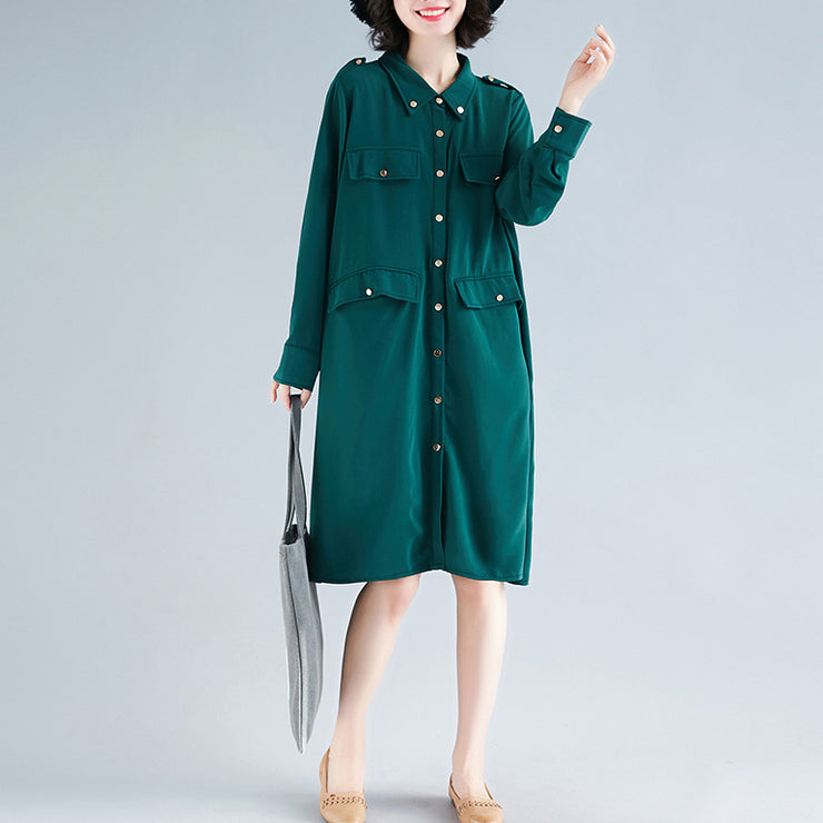 Modern lapel collar Cotton Tunics Fun Photography green Midi Dress spring