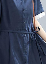 Modern lapel tie waist summer clothes For Women Neckline navy Dresses - SooLinen