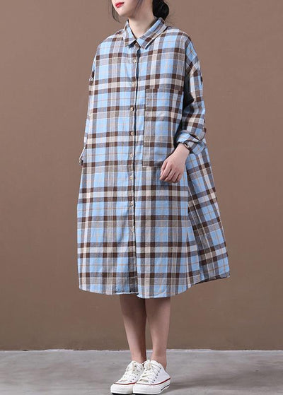 Modern lapel Cinched spring Long Shirts Work Outfits blue plaid Dresses - SooLinen