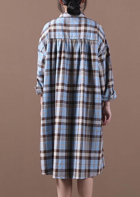 Modern lapel Cinched spring Long Shirts Work Outfits blue plaid Dresses - SooLinen