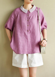 Modern light purple clothes For Women lapel half sleeve silhouette summer shirts - SooLinen