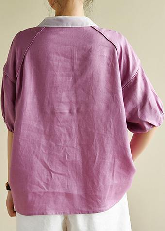 Modern light purple clothes For Women lapel half sleeve silhouette summer shirts - SooLinen