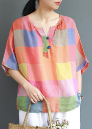 Modern linen Blouse Fashion Sweet Colored Plaid Casual Linen T-Shirt - SooLinen