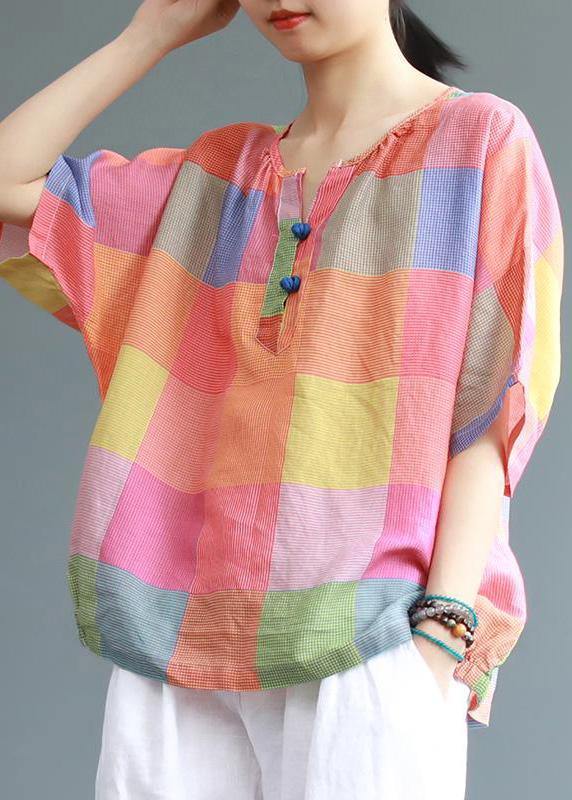 Modern linen Blouse Fashion Sweet Colored Plaid Casual Linen T-Shirt - SooLinen