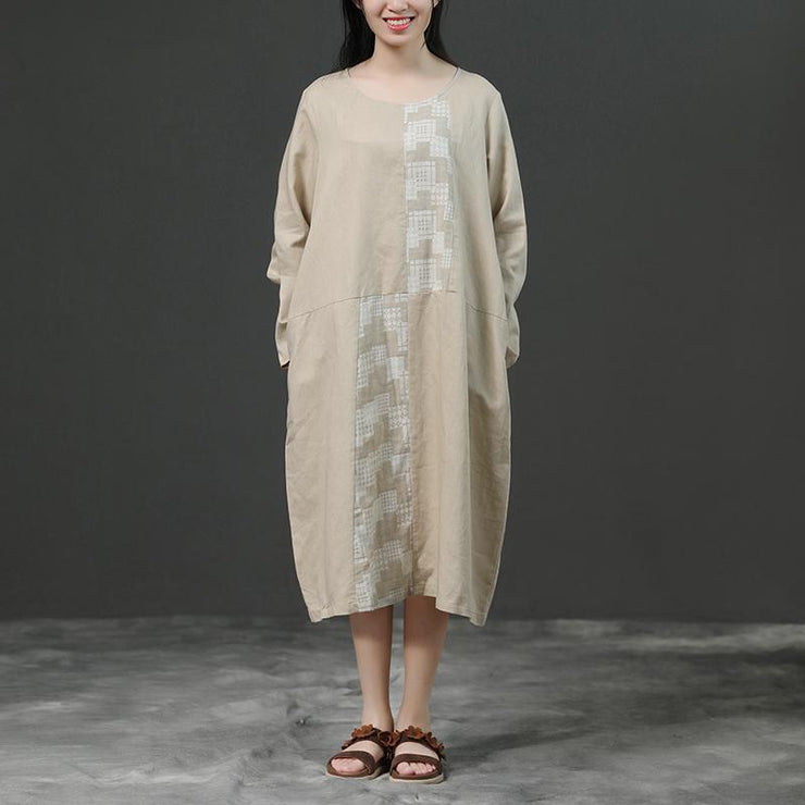 Modern linen cotton Robes 2019 Women Long Sleeve Loose Beige Autumn Dress