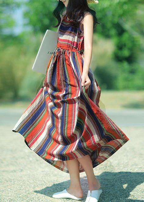 Modern multicolor striped linen dress o neck drawstring A Line summer Dresses - SooLinen