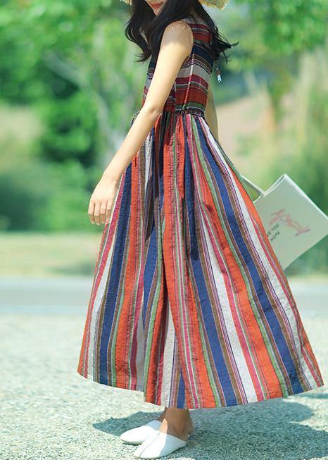 Modern multicolor striped linen dress o neck drawstring A Line summer Dresses - SooLinen