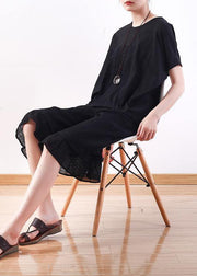 Modern o neck Batwing Sleeve cotton Tunic Sewing black shirt - SooLinen
