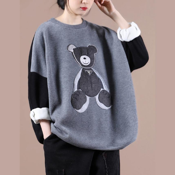 Modern o neck Bear design spring tops women gray tops - SooLinen