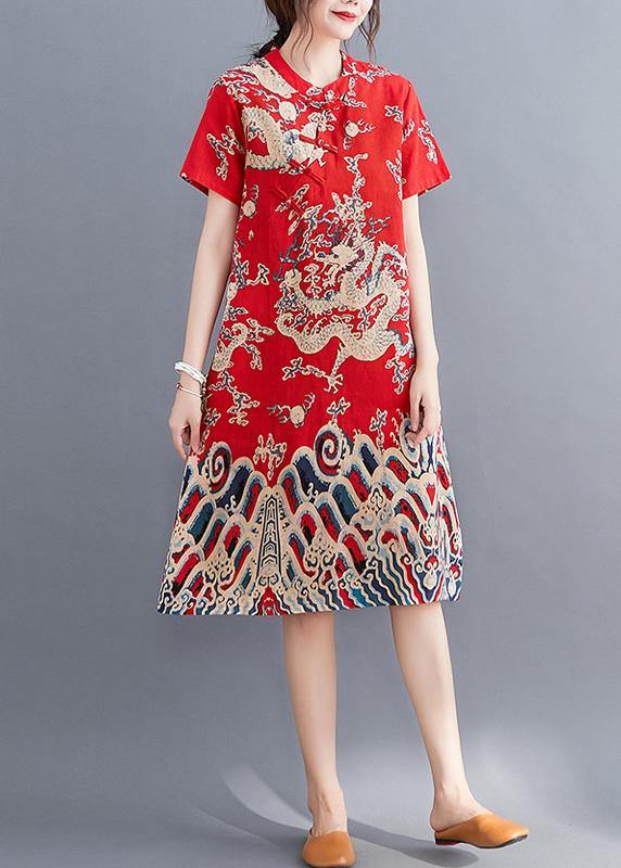Modern o neck Chinese Button tunic dress pattern red Dragon pattern Dresses - SooLinen
