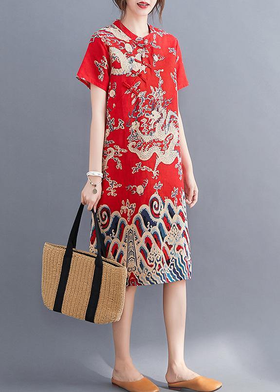Modern o neck Chinese Button tunic dress pattern red Dragon pattern Dresses - SooLinen