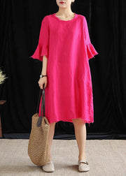 Modern o neck Petal Sleeve cotton linen clothes Women Runway rose Dress - SooLinen