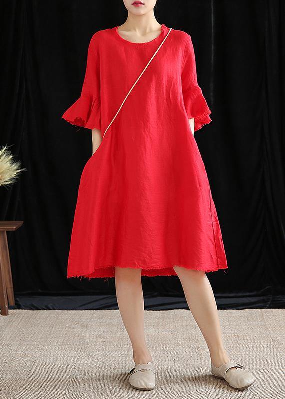Modern o neck Petal Sleeve cotton linen clothes Women Runway rose Dress - SooLinen