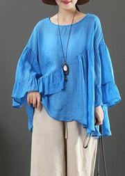 Modern o neck Ruffles linen summer clothes For Women Cotton blue tops - SooLinen