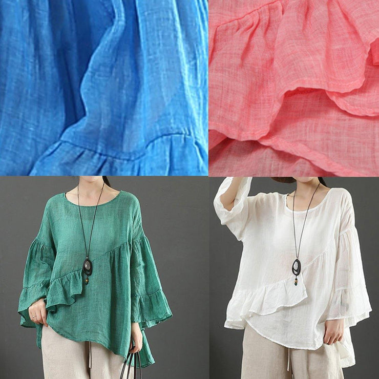 Modern o neck Ruffles linen summer clothes For Women Cotton blue tops - SooLinen