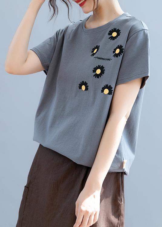 Modern o neck clothes For Women design gray daisy print shirt - SooLinen