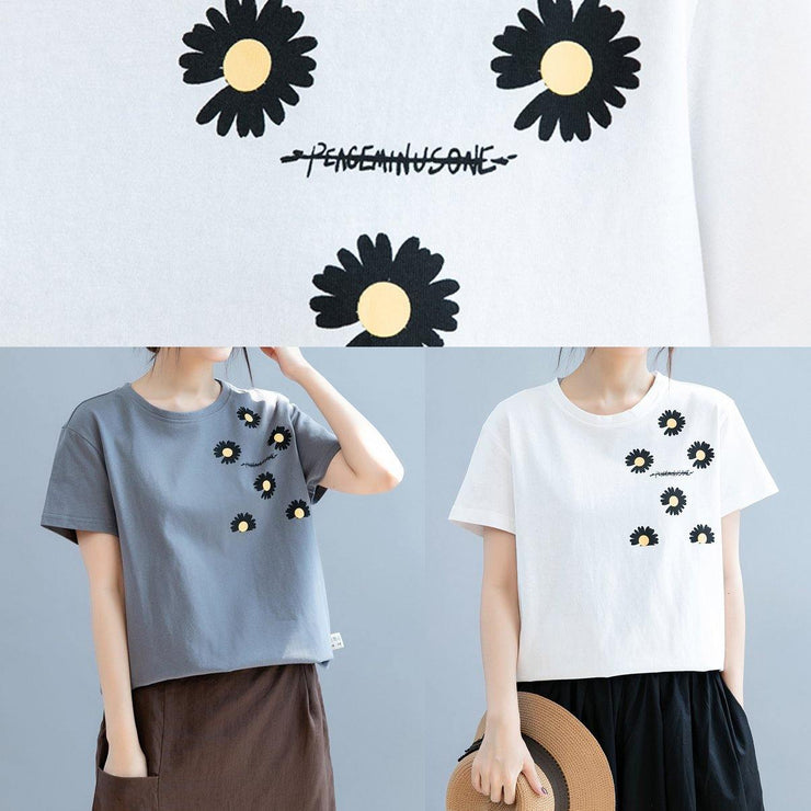 Modern o neck clothes For Women design gray daisy print shirt - SooLinen