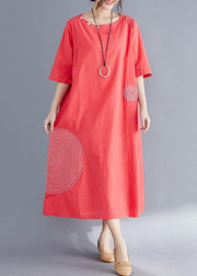 Modern o neck embroidery cotton tunic top Vintage Work Outfits red Maxi Dresses Summer - SooLinen