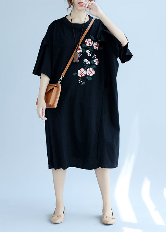 Moderne Leinenkleidung mit O-Ausschnitt-Stickerei Mode Online-Shopping schwarze lange Kleider Sommer