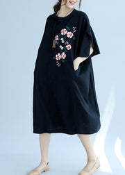 Modern o neck embroidery linen clothes Fashion Online Shopping black long Dresses Summer