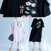 Moderne Leinenkleidung mit O-Ausschnitt-Stickerei Mode Online-Shopping schwarze lange Kleider Sommer