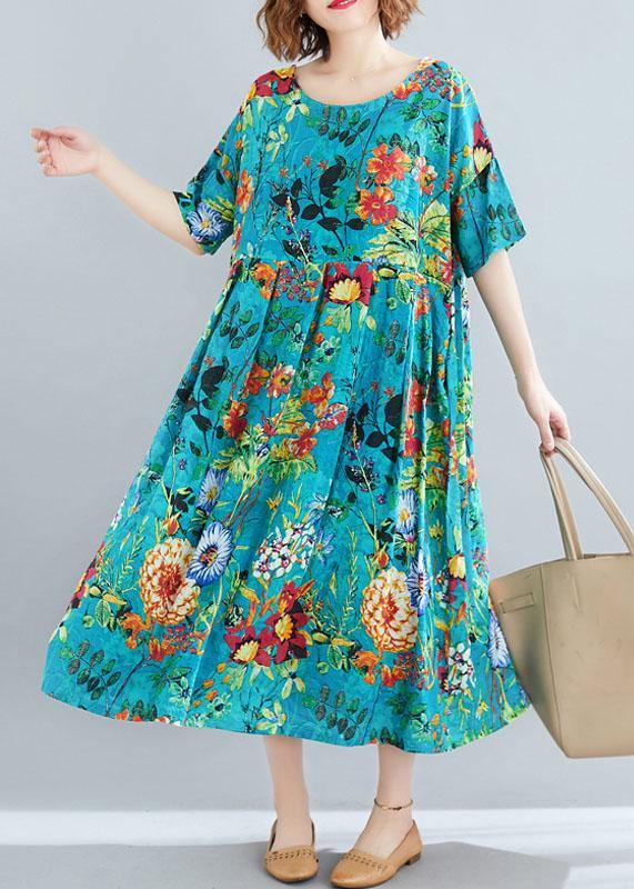 Modern o neck exra large hem linen cotton summer Robes Runway blue print Dresses - SooLinen