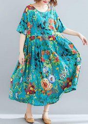 Modern o neck exra large hem linen cotton summer Robes Runway blue print Dresses - SooLinen