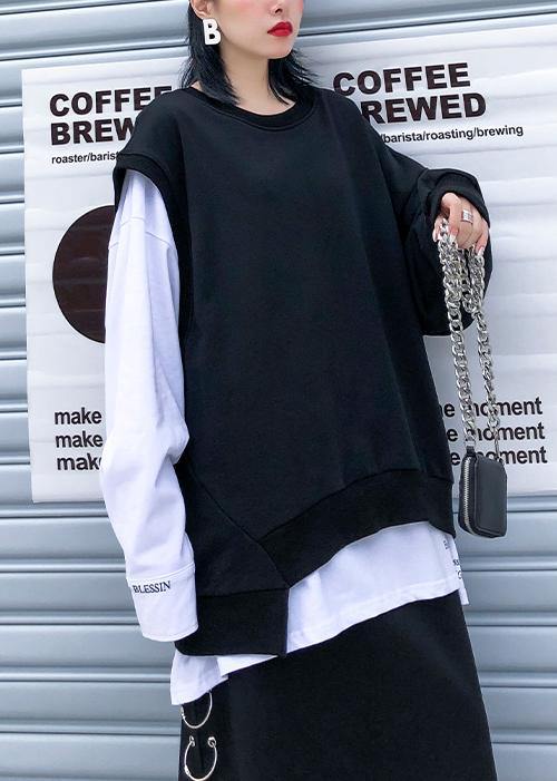 Modern o neck false two pieces cotton clothes pattern black tops - SooLinen